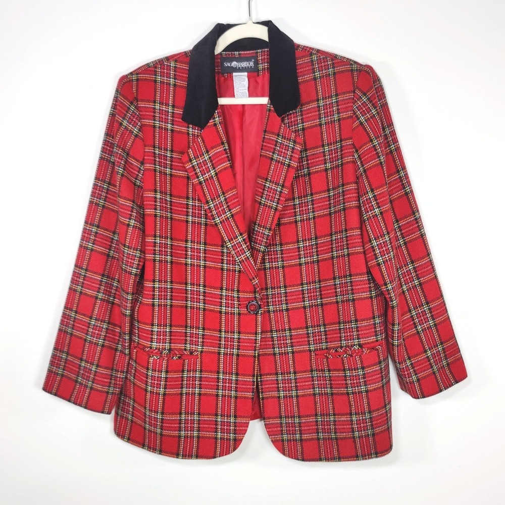 Vintage Sag Harbor Red Plaid Wool Blend Blazer 14P Dark Academia Velvet Collar